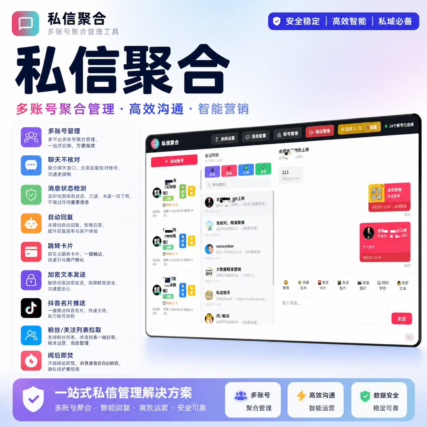 【正版】矩阵云信 抖音私信聚合-多账户聚合私信系统 不限坑位+自动回复+跳转卡片+加密文本